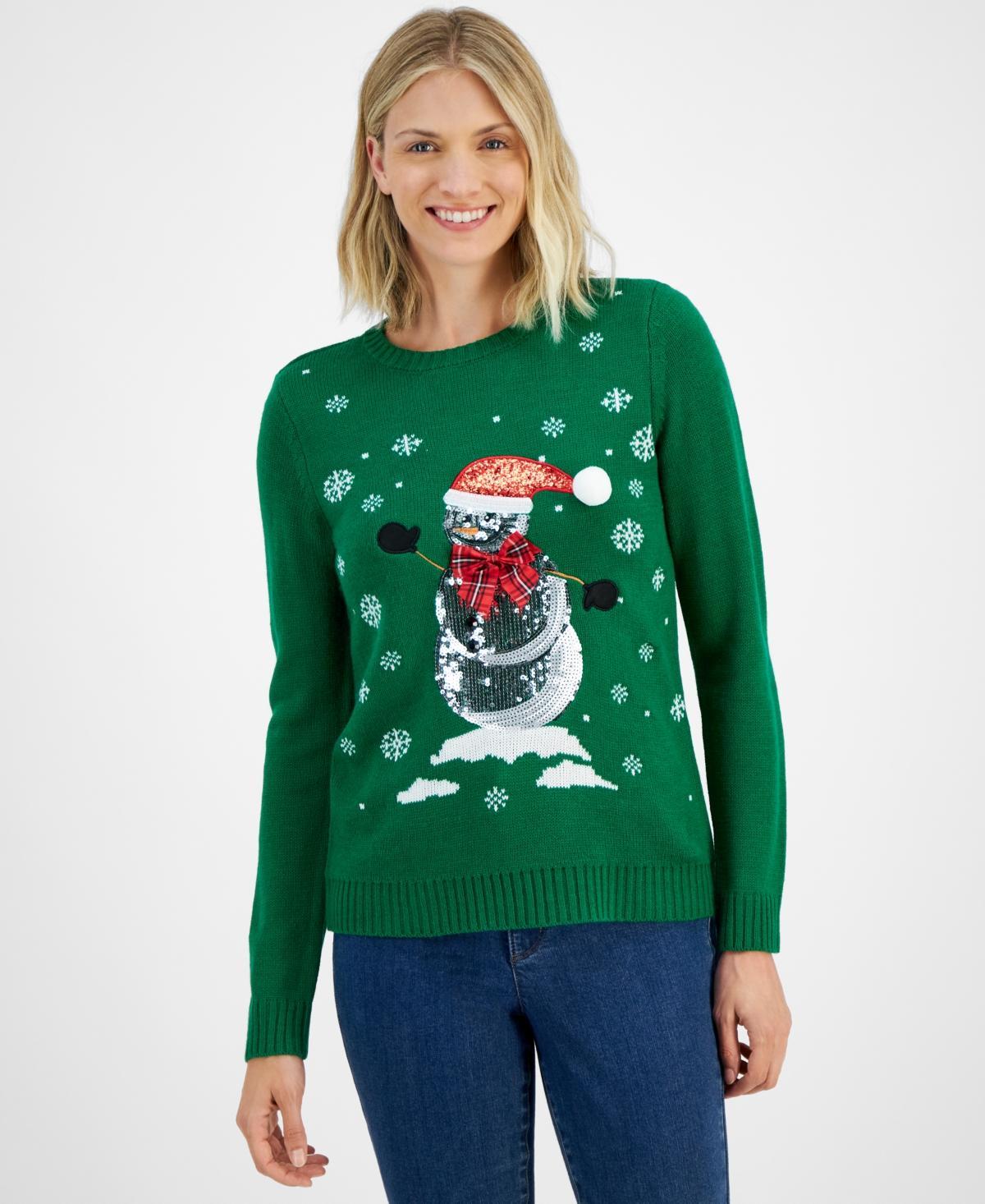 Holiday Lane Womens Sequined Snowman Crewneck Sweater, Created for Macys Product Image