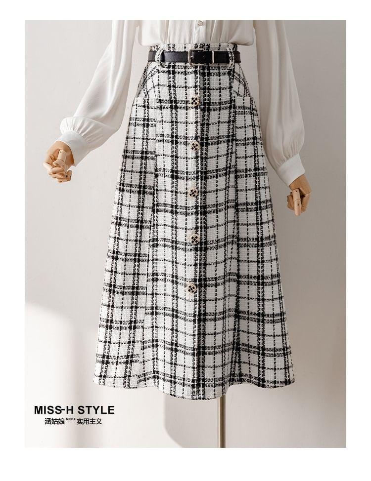 High Rise Plaid Tweed Button Midi A-Line Skirt product image