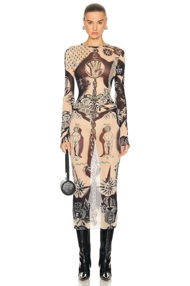 Jean Paul Gaultier Printed Heraldique Long Sleeve Crew Neck Dress in Nude Product Image