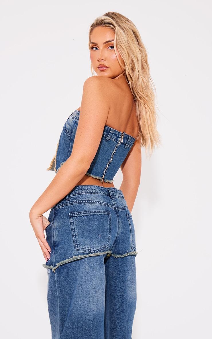 Vintage Wash Exposed Pocket Split Detail Denim Crop Top Product Image