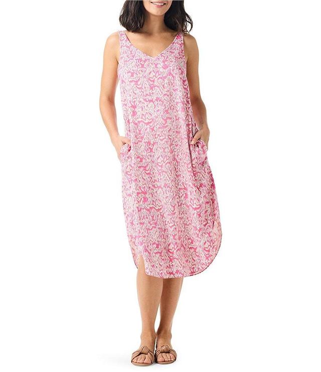 NIC + ZOE Woven Petal Patch Live In Print V-Neck Side Pocket Sleeveless Tank Shift Midi Dress Product Image