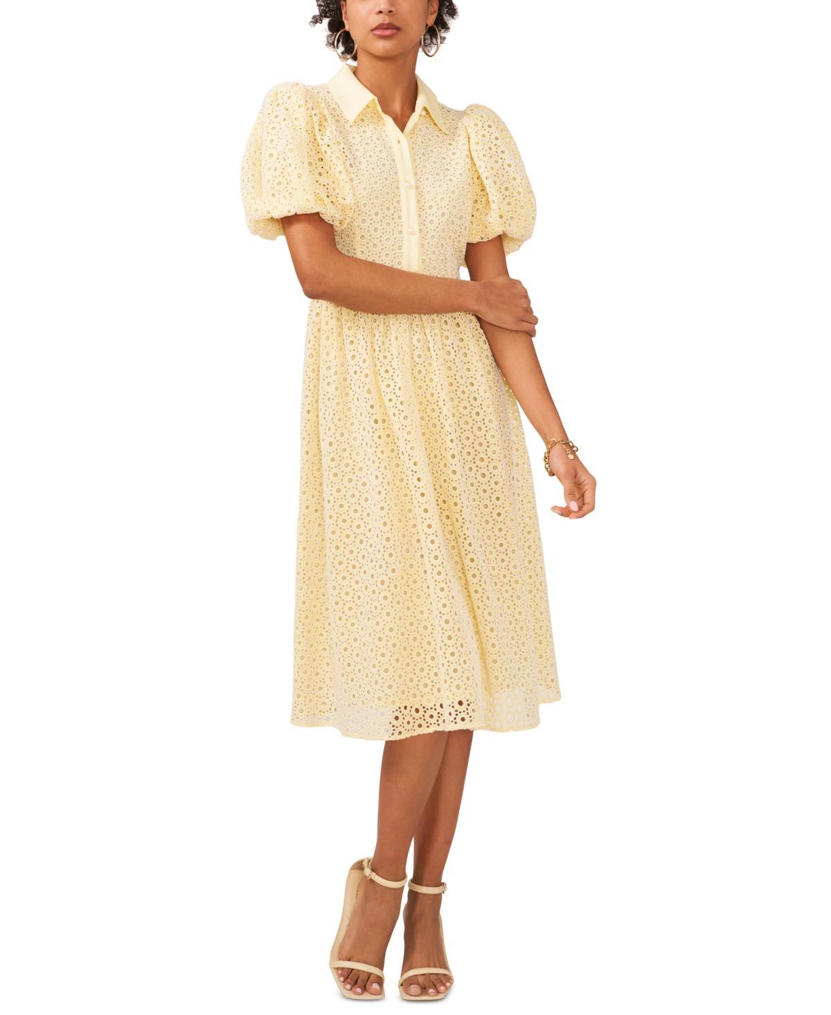 CeCe Womens Balloon-Sleeve Cotton Eyelet Midi Dress Product Image