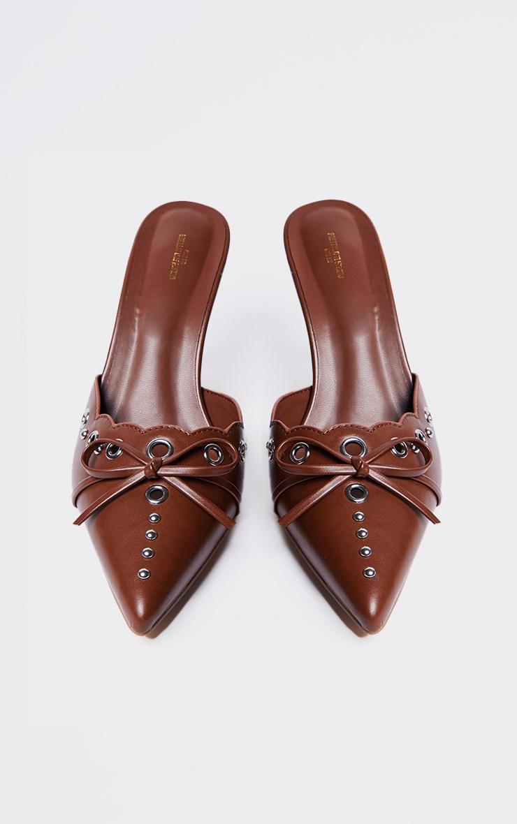 Wide Fit Brown PU Point Toe Bow Detailed Heeled Mules Product Image