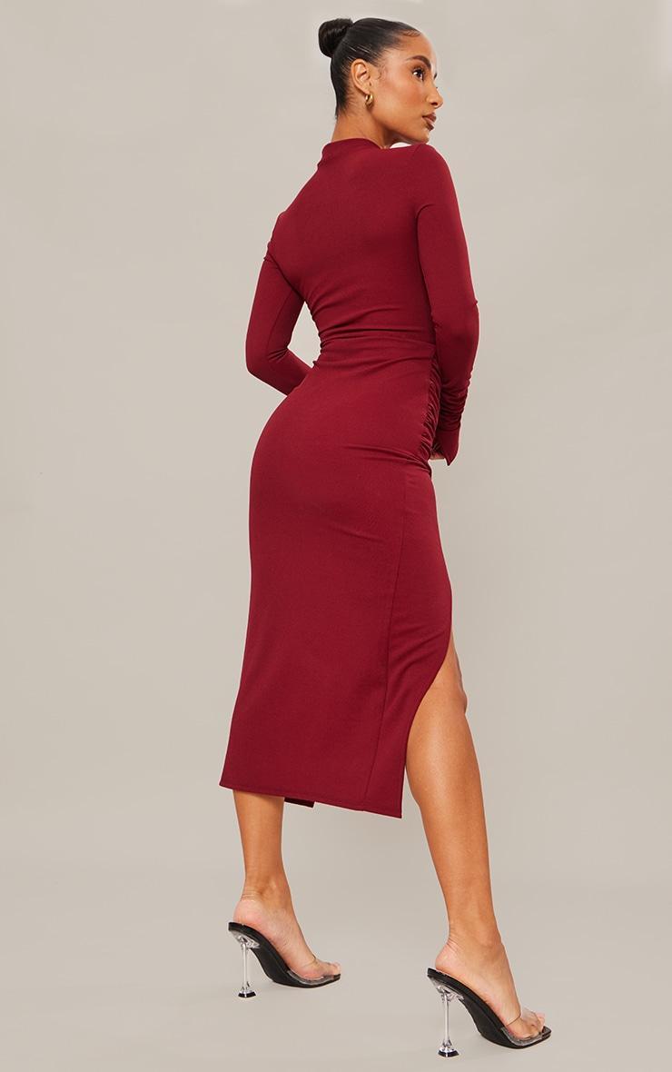 Cherry Red Crepe High Neck Split Sleeved Midi Dress Product Image