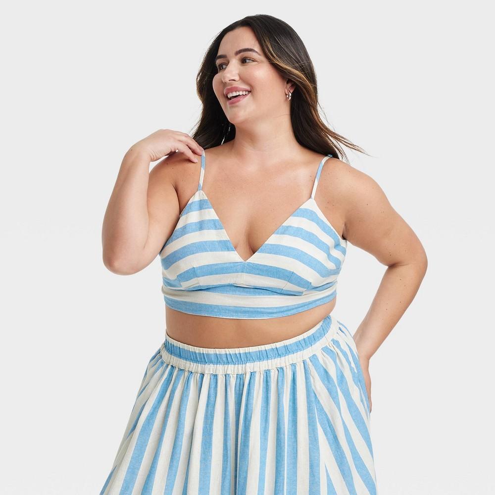 Womens Beach Bungalow Linen Bralette Tank Top - A New Day Blue/White Striped 3X Product Image