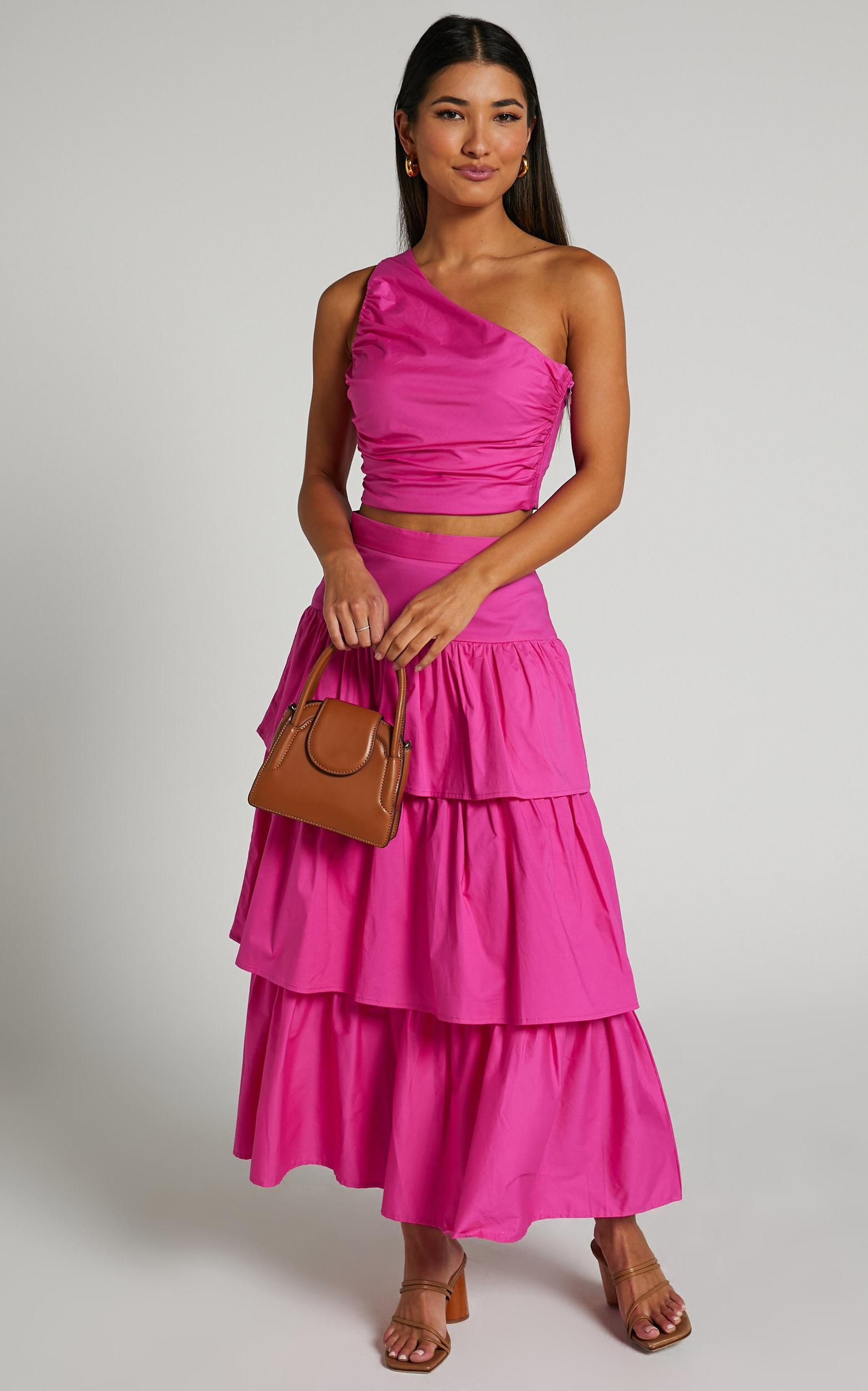 Kaycie Two Piece Set - One Shoulder Asymmetrical Ruched Top and Tiered Midi Skirt Set in Pink Product Image