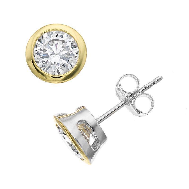 Two Tone Sterling Silver Cubic Zirconia Stud Earrings, Womens Product Image