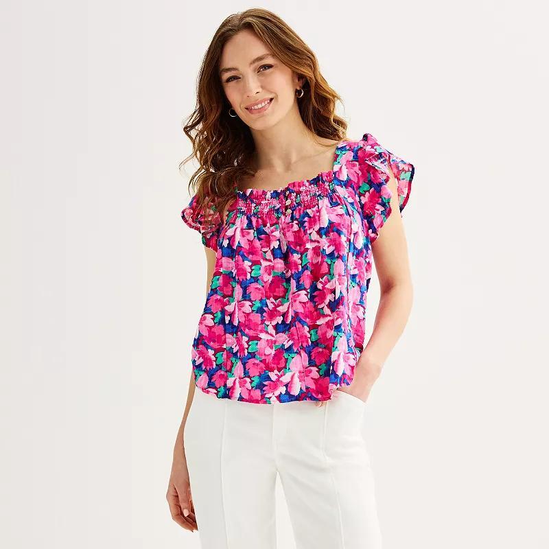 Womens DRAPER JAMES RSVP Floral Print Flutter Sleeve Squareneck Top Blue Pink Floral Product Image