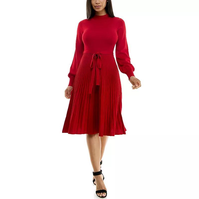 Womens Nina Leonard Balloon Sleeve Pleated Midi Sweater Dress Grey Product Image