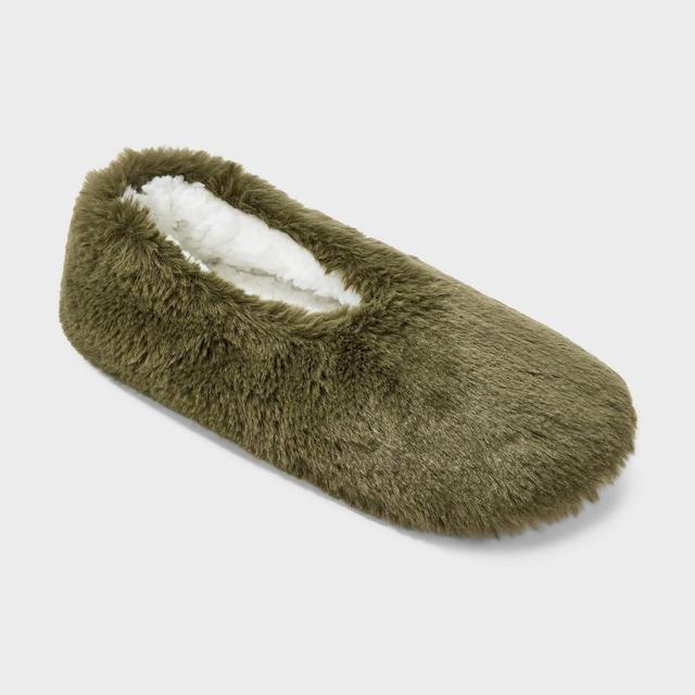 Womens Faux Fur Cozy Pull-On Slipper Socks with Grippers - Auden Olive S/M Product Image