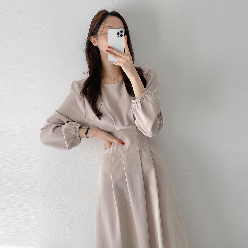 Long-Sleeve Round Neck Plain Midi A-Line Dress Product Image