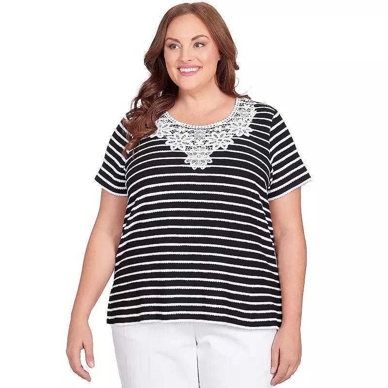 Plus Size Alfred Dunner Lace Neck Striped Split Hem Tee, Womens Grey Grey Product Image