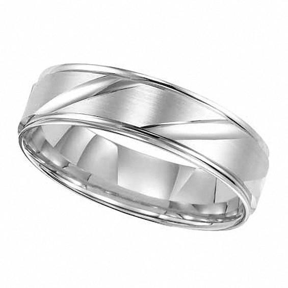 Men's 6.0mm Comfort Fit Slant Groove Wedding Band in 14K White Gold Product Image