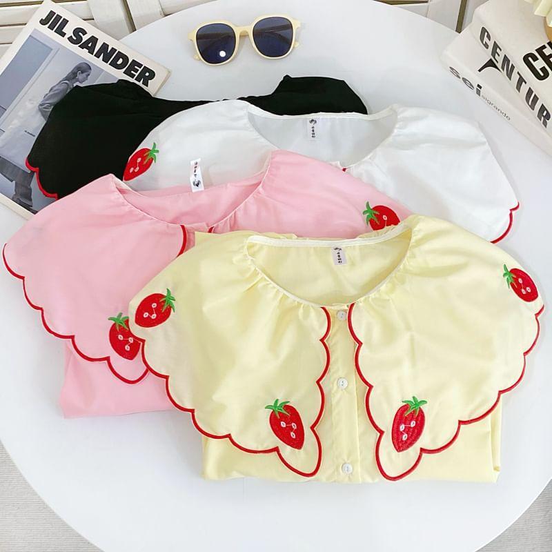 Puff-Sleeve Strawberry Embroidered Button-Up Blouse Product Image