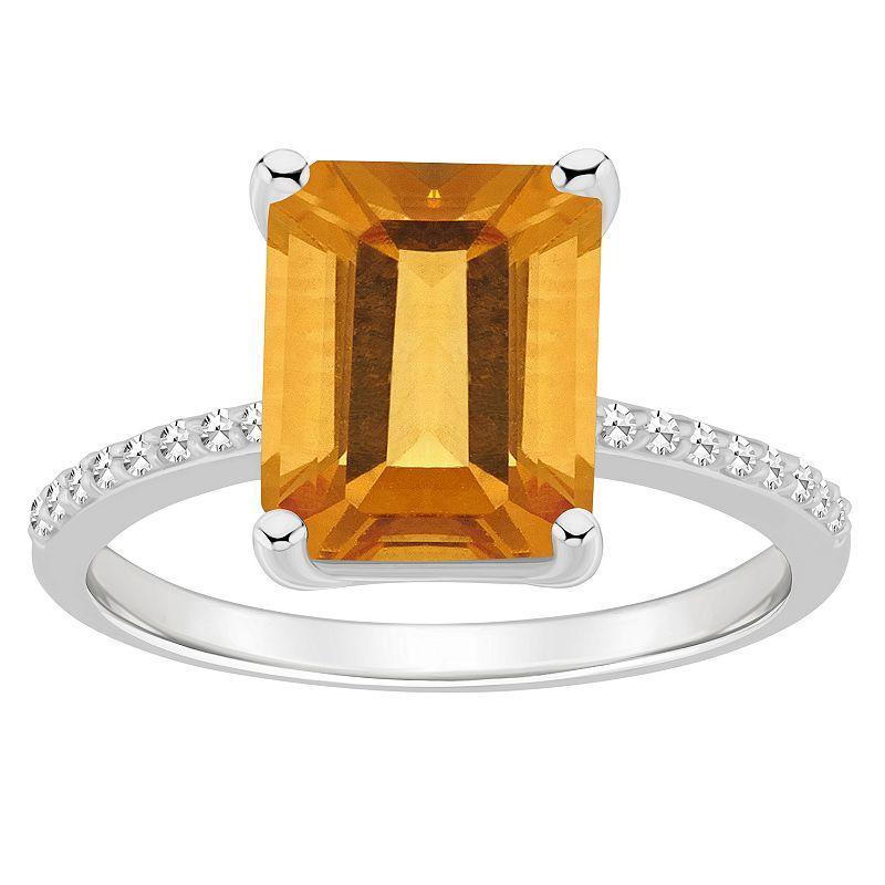 Alyson Layne Sterling Silver 10 mm x 8 mm Emerald Cut Gemstone & 1/10 Carat T.W. Diamond Ring, Womens Citrine Product Image