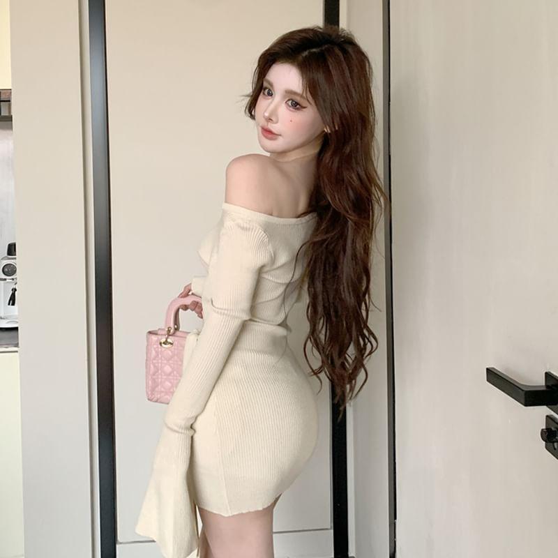 Long Sleeve Off Shoulder Plain Tie Waist Bodycon Mini Dress Product Image