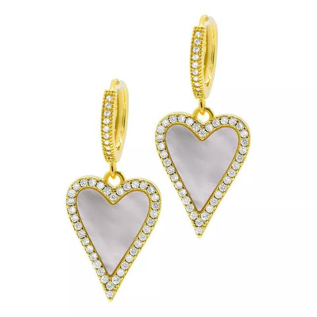 Adornia 14k Gold Plated White Mother-of-Pearl Crystal Halo Heart Drop Huggie Earrings, Womens Product Image