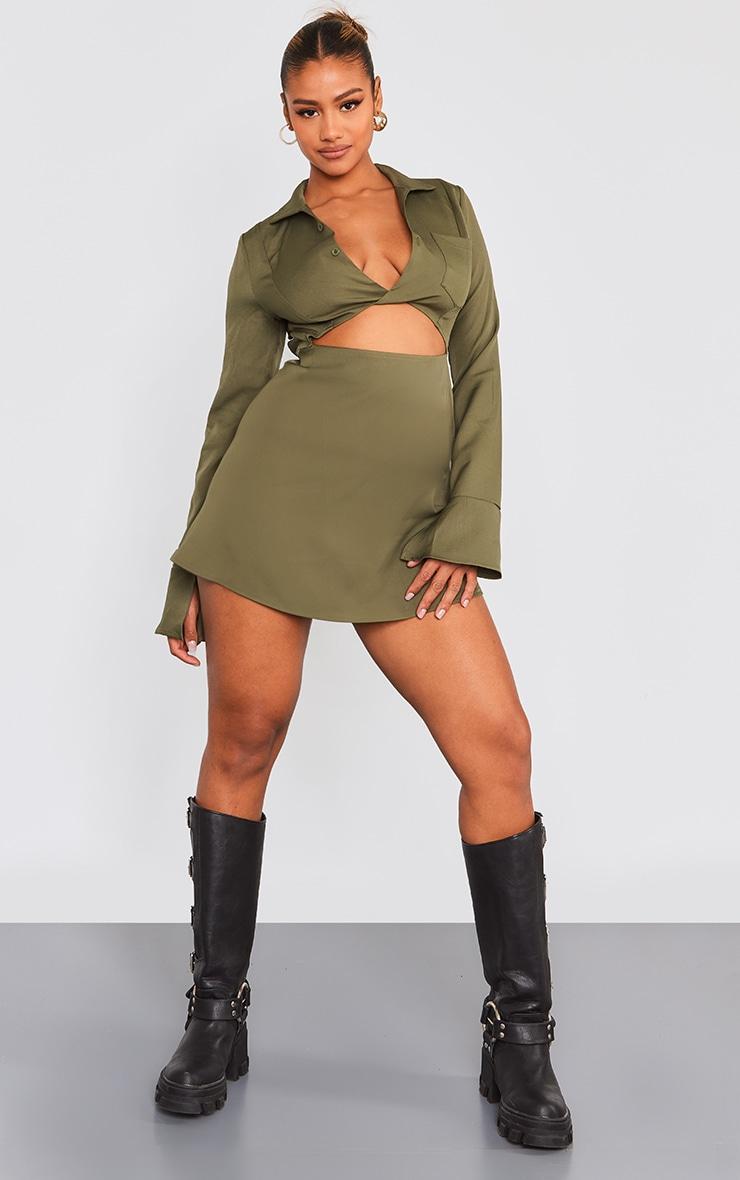 Khaki Collar Detail Cut Out Flare Sleeve Shift Dress Product Image