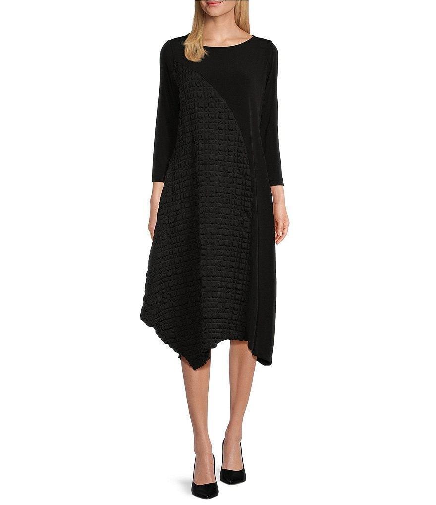 IC Collection Double Textured Puckered Ity Knit Crew Neck 3/4 Sleeve A-Line Asymmetrical Hem Midi Dress product image