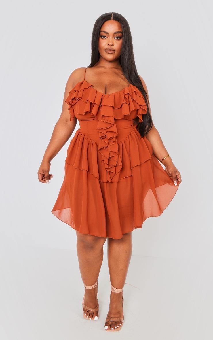 Plus Rust Cold Shoulder Ruffle Shift Dress Product Image