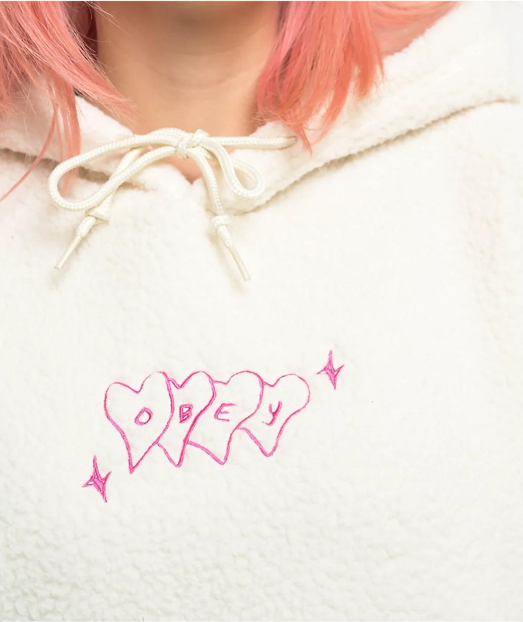 Obey Linked Hearts White Sherpa Hoodie Product Image