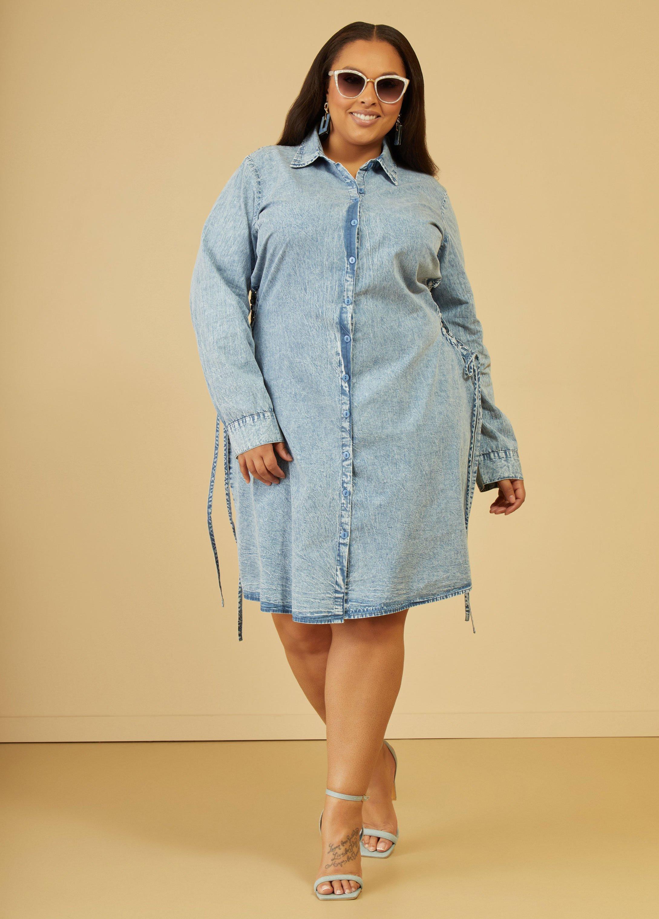 Plus Size Lace Up Chambray Shirtdress Ashley Stewart Product Image