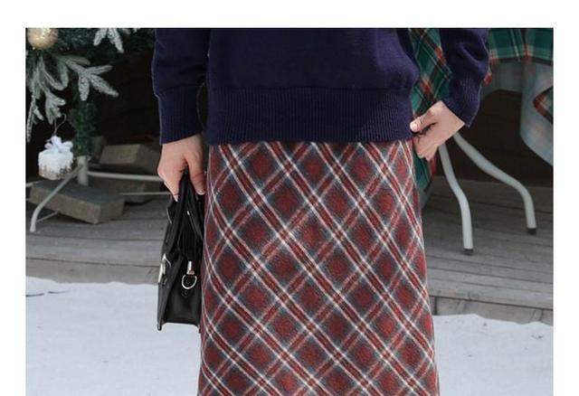 High Rise Plaid Midi A-Line Skirt Product Image