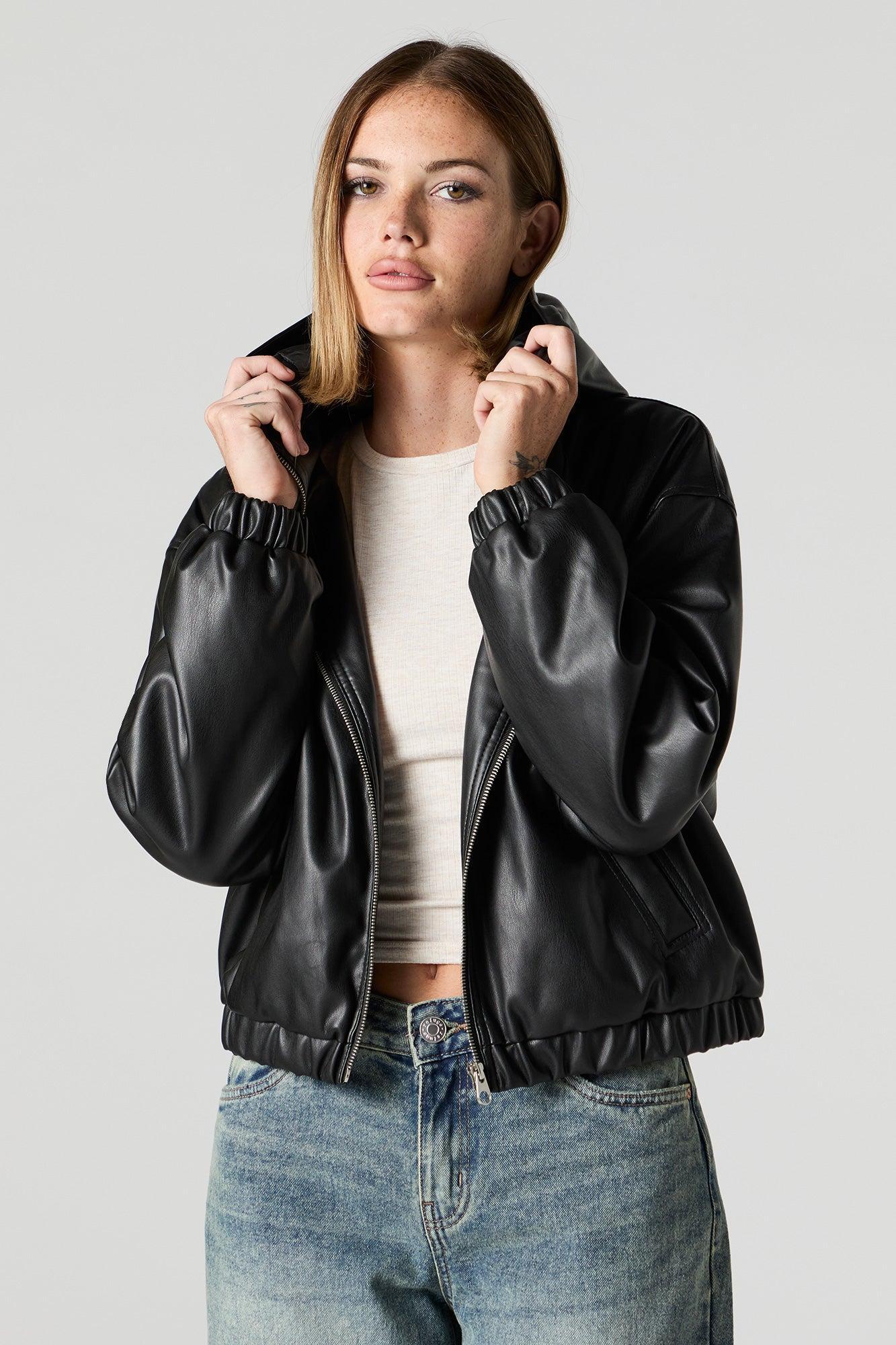 Faux Leather Hooded Bomber Jacket Female Product Image