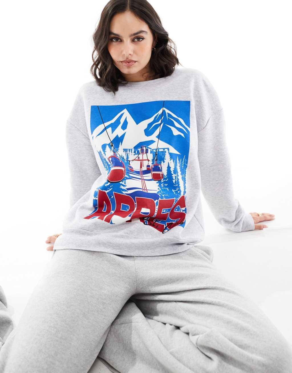 ASOS DESIGN oversized sweatshirt with ski graphic in gray heather Product Image