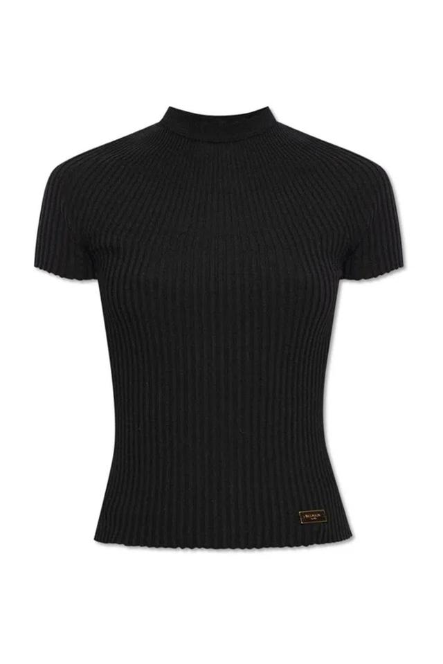 BALMAIN Logo-plaque Ribbed Knit Top In Black Product Image