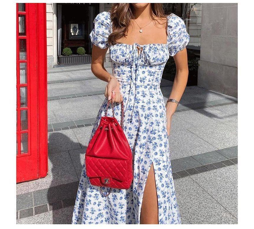 Short-Sleeve Square Neck Floral Print Slit Tie Front Maxi A-Line Dress Product Image