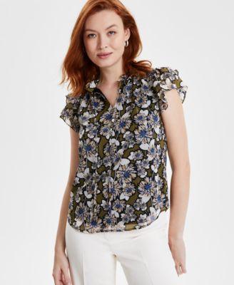 Anne Klein Womens Ruffled-Sleeve Tie-Neck Top - Bay Leaf Product Image