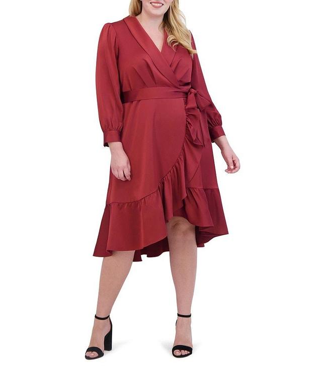 Vince Camuto Plus Size Satin Split V Neck Long Sleeve Faux Wrap Hi-Low Shirttail Dress Product Image