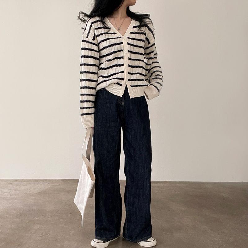 V-Neck Striped Ribbed Cardigan Product Image