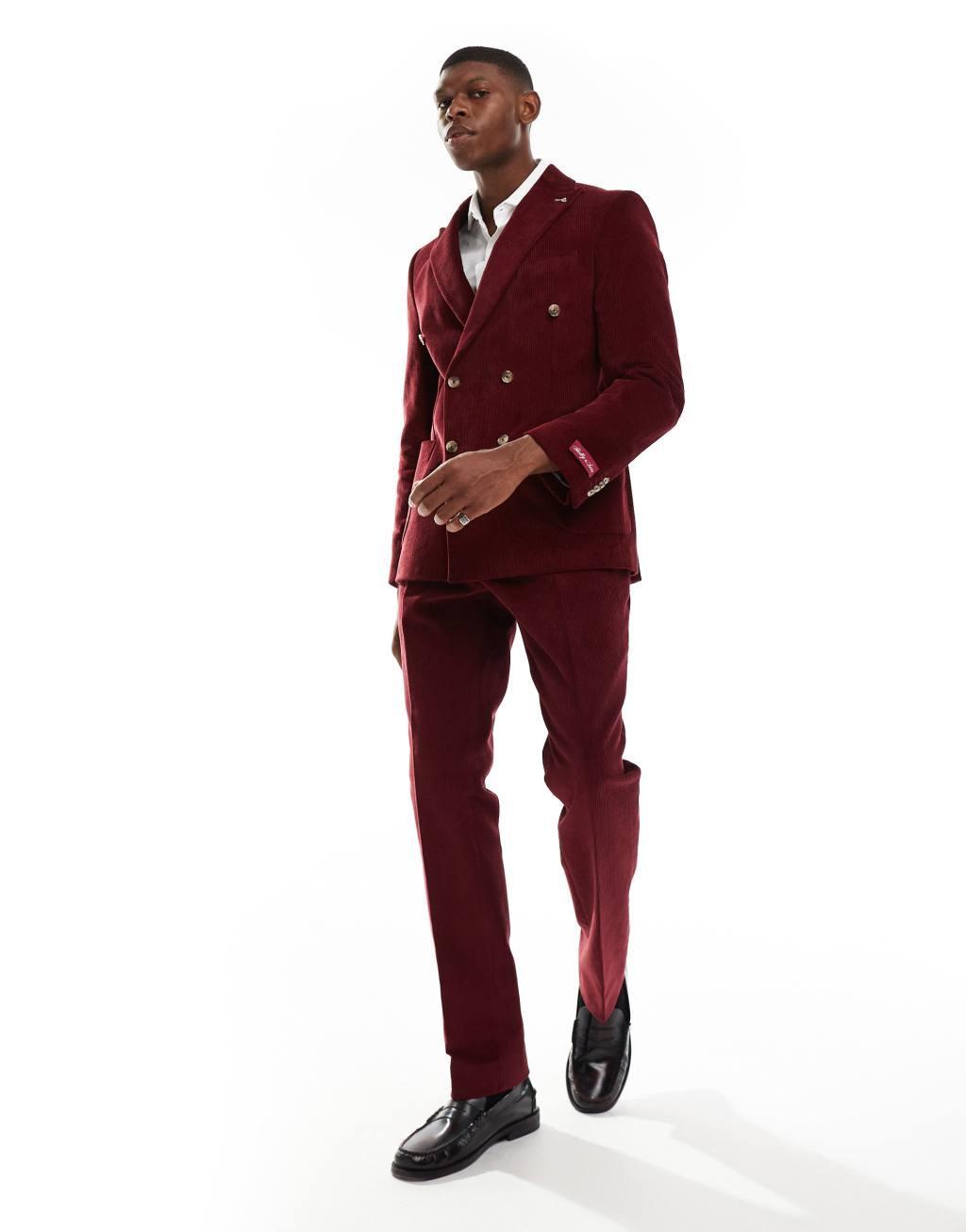 Shelby and Sons double breasted slim cord blazer in deep red - part of a set Product Image