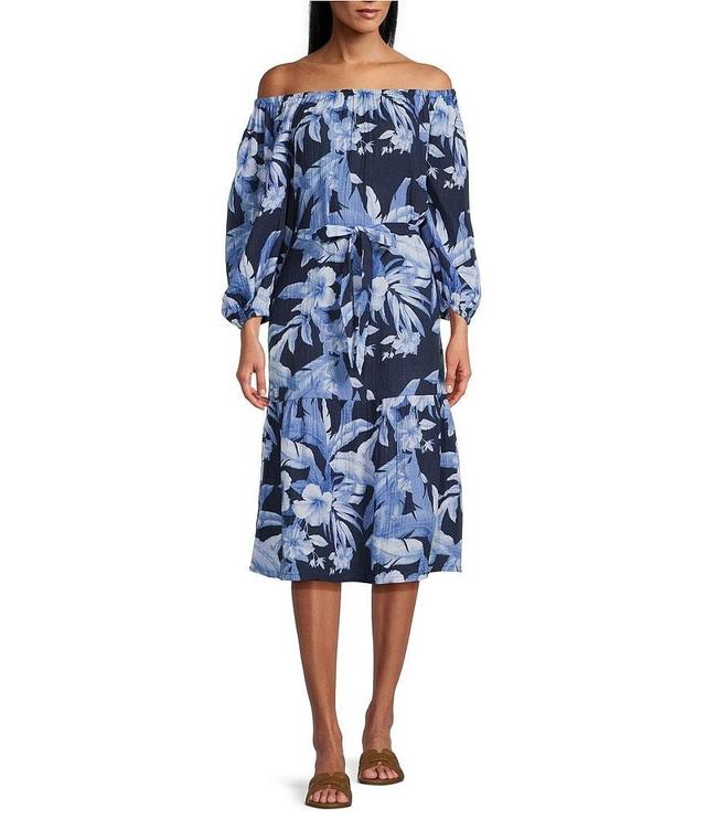 Tommy Bahama Floral Print Gauze Off-The-Shoulder 3/4 Sleeve Side Pocket Belted Dress Product Image