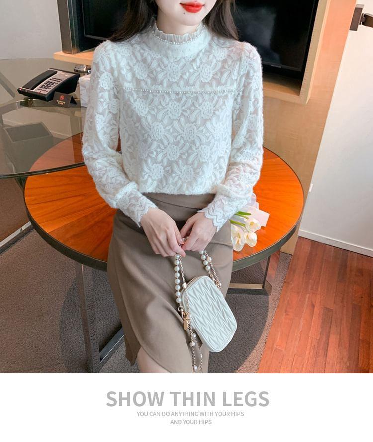 Long-Sleeve Mock Neck Floral Faux Pearl Blouse Product Image