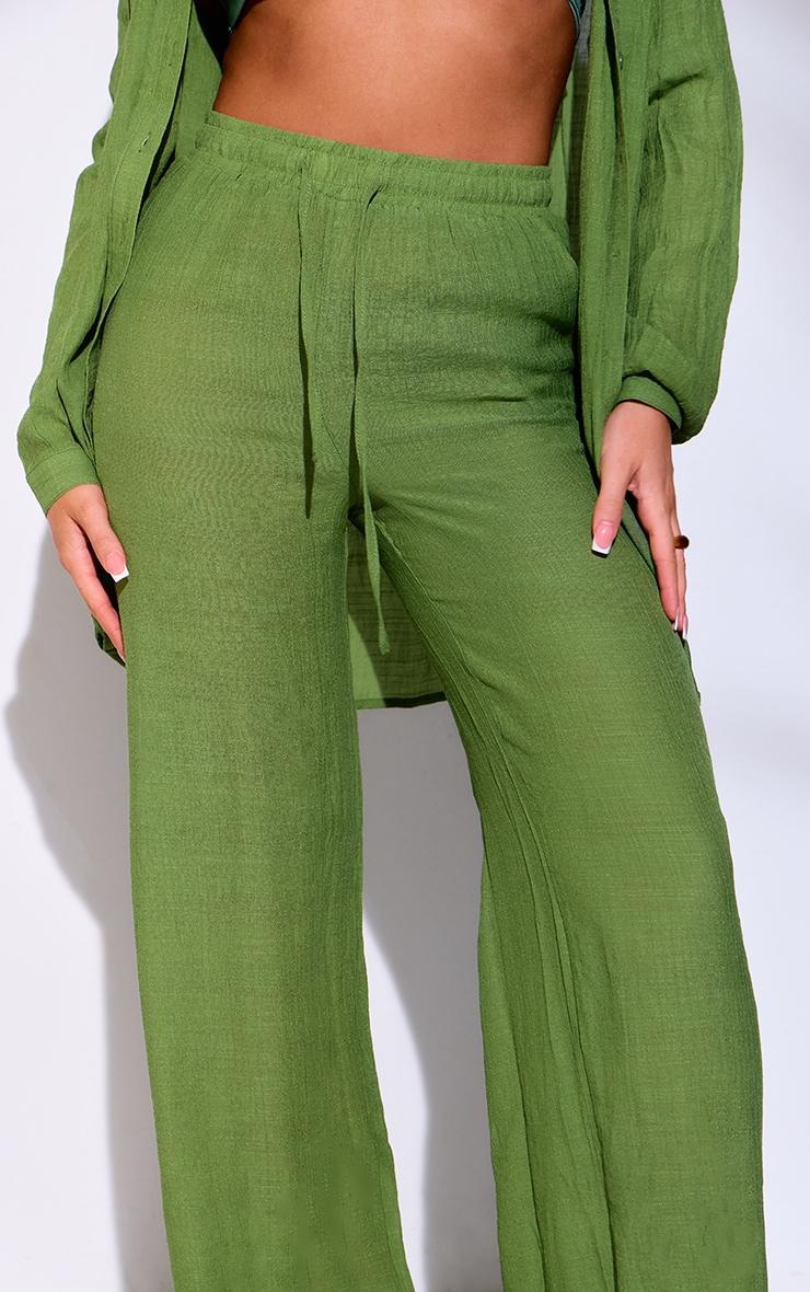 Dark Green Textured Linen Look Drawstring Waist Pants Product Image