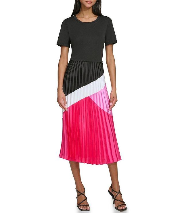 KARL LAGERFELD PARIS Mixed Media Scoop Neck Short Sleeve Pleated Color Block Midi Dress Product Image
