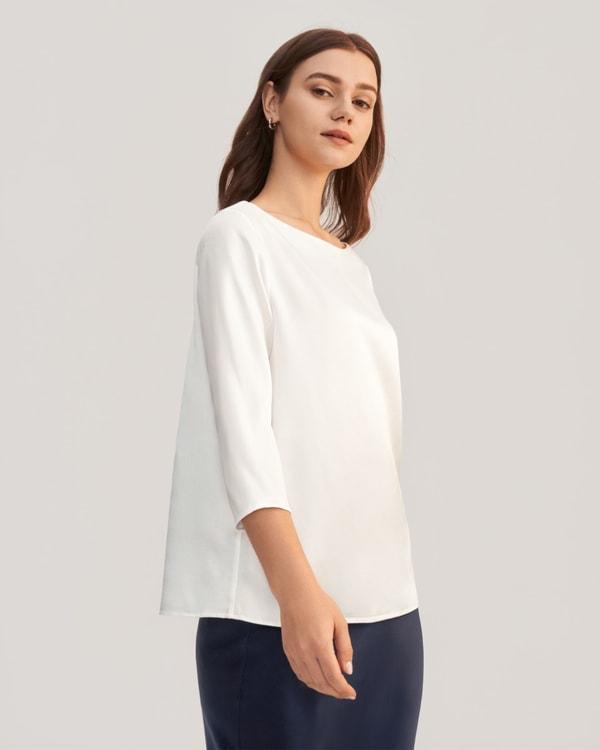 3/4 Sleeve Boat Neck Silk Blouse Product Image