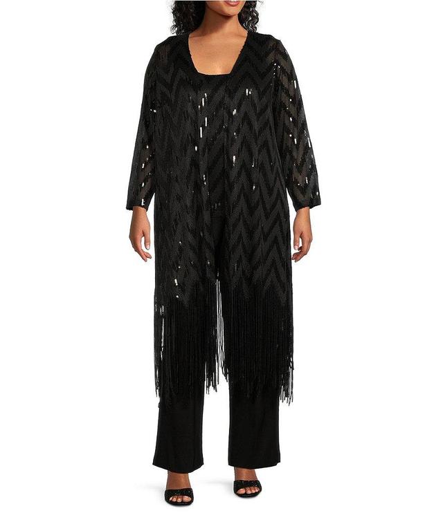 R & M Richards Plus Size Long Sleeve Scoop Neck Chevron Embellished Sequin Fringe Power Mesh 3-Piece Pant Set Product Image