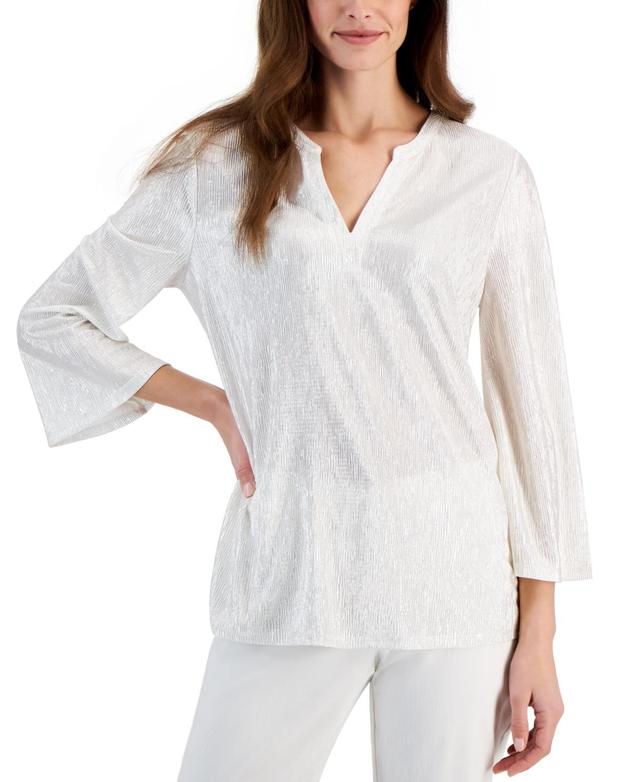 Jm Collection Womens Shine 3/4 Sleeve Plisse Split-Neck Top, Created for Macys Product Image