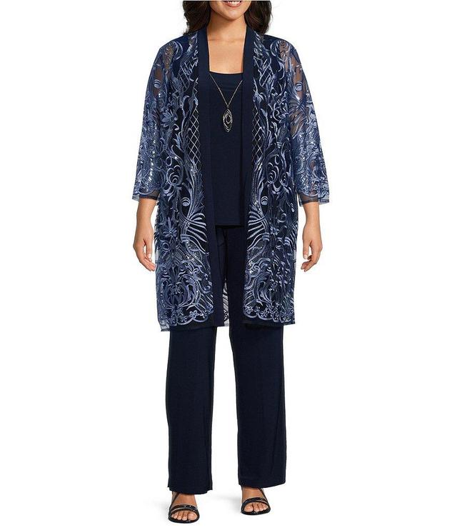 R & M Richards Plus Size 3/4 Sleeve Scoop Neck Embellished Sequin Jacket 3-Piece Pant Set Product Image