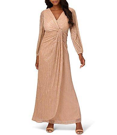 Adrianna Papell Metallic Long Sleeve Surplice V-Neck Ruched Detailed Draped Gown Product Image