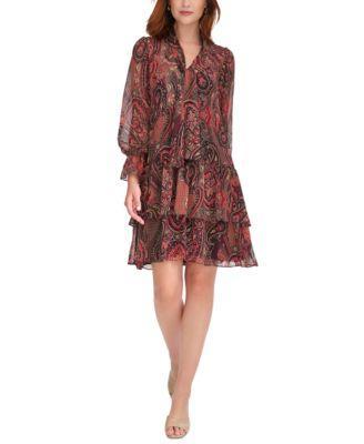 Petite Chiffon Tiered Paisley-Print Dress Product Image