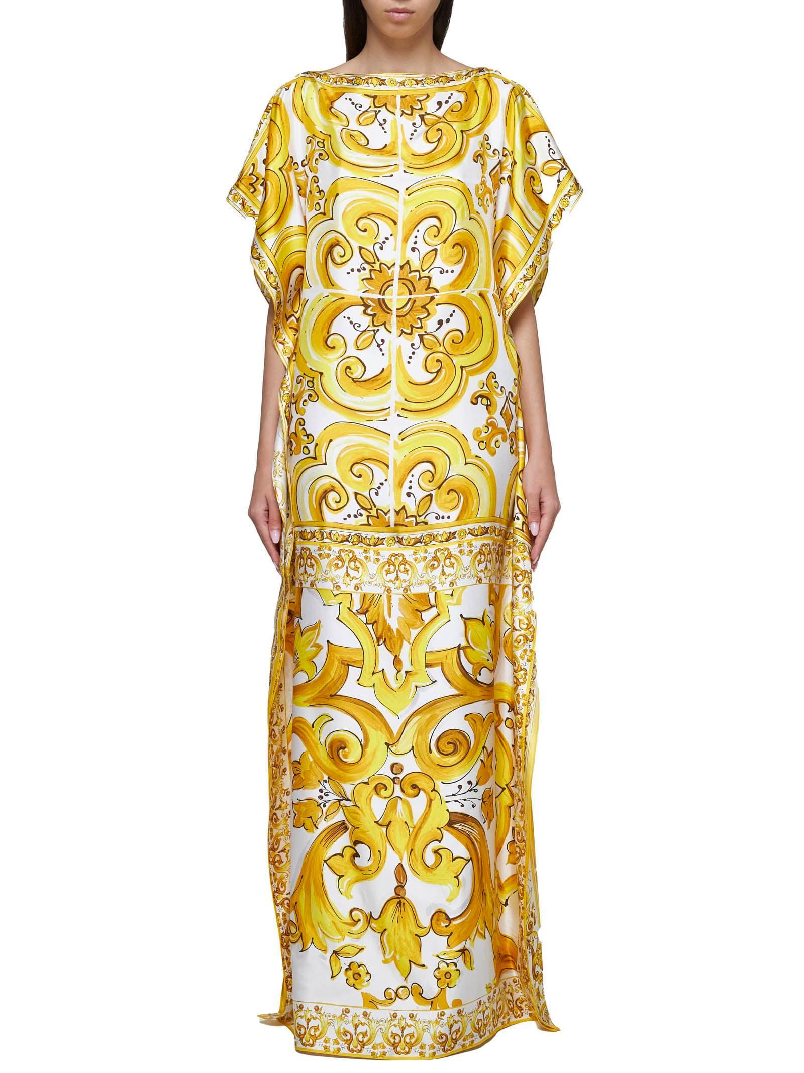 DOLCE & GABBANA Majolica Silk Maxi Dress In Yellow Product Image