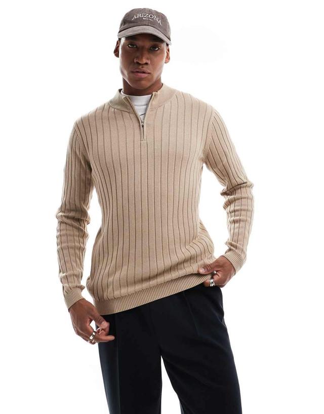 ASOS DESIGN essential muscle fit knit ribbed half zip sweater in taupe Product Image