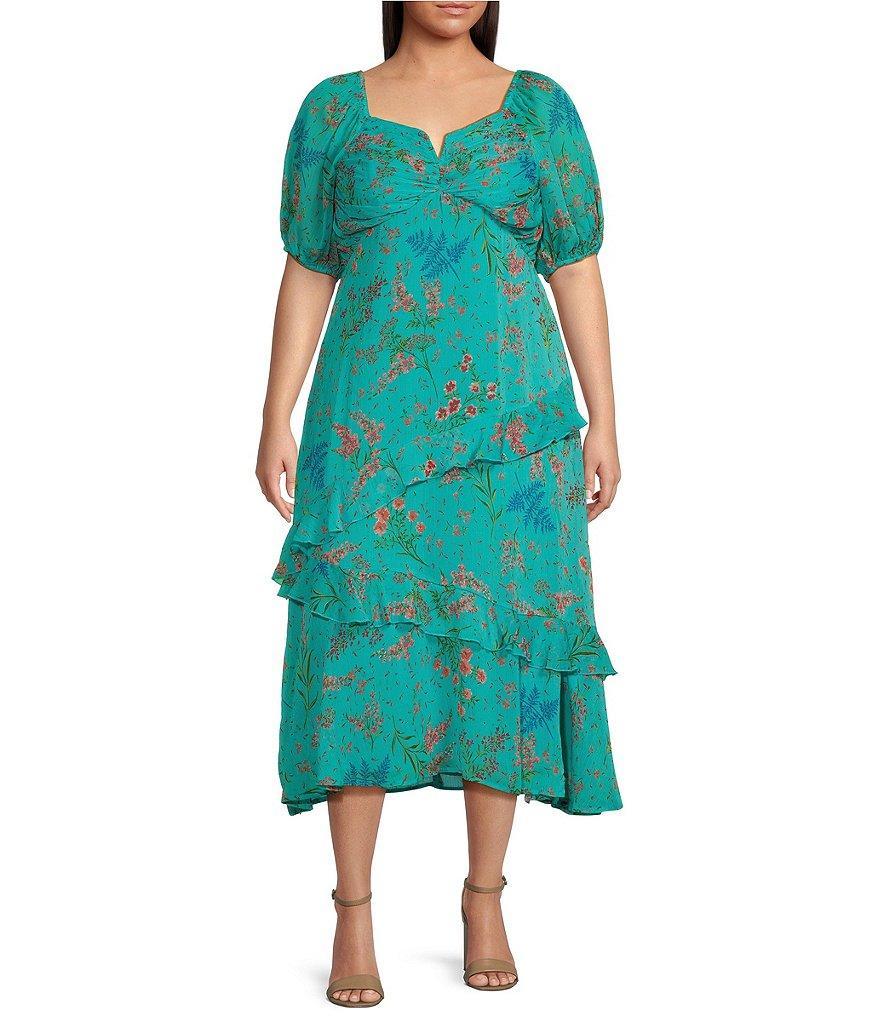 Jessica Simpson Plus Aberash Elbow Sleeve Floral Printed Long Dress Product Image