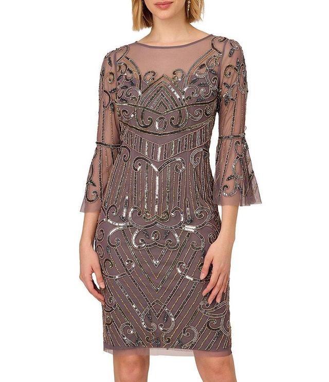 Adrianna Papell Beaded Mesh Pattern Sheath Boat Neck 3/4 Bell Sleeve Dress Product Image