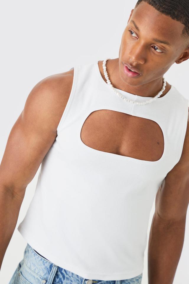 Mens White Muscle Fit Cut Out Interlock Vest, White Product Image